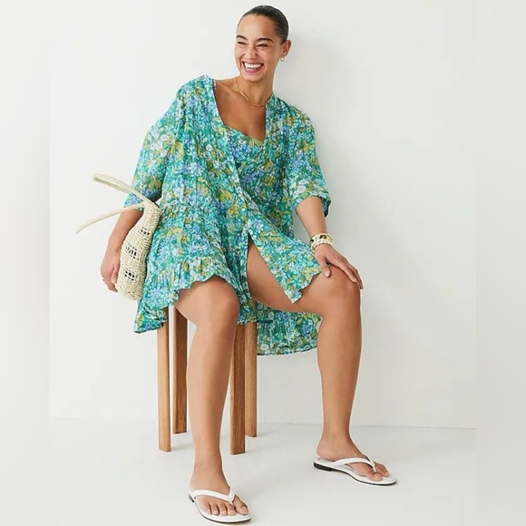 J. Crew button front cotton voile cover up dress in aqua blooms. - Picture 2 of 5